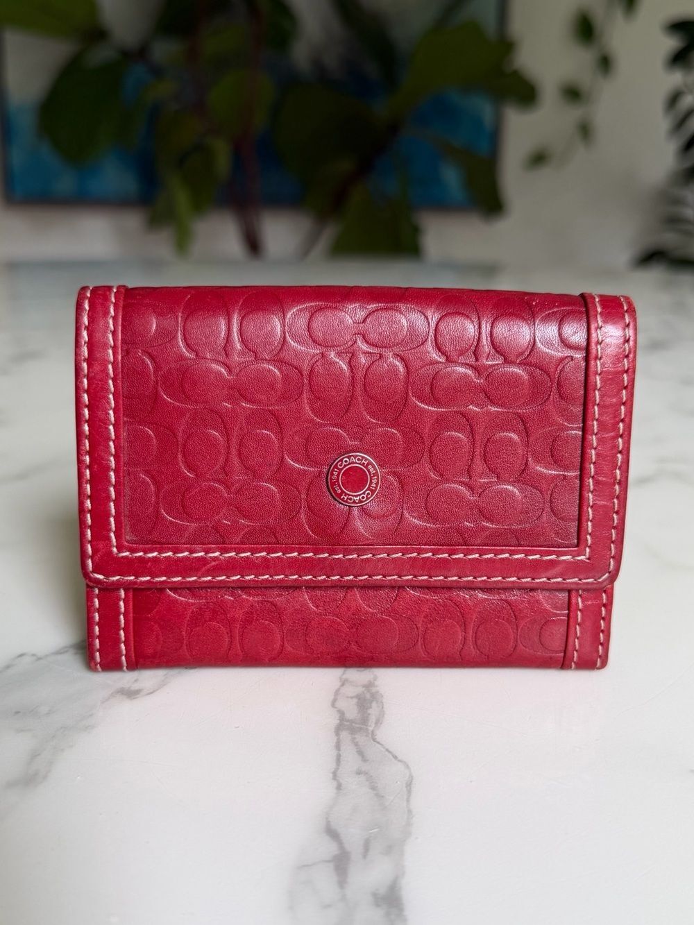 Coach Y2K Vintage Signature Embossed Leather Card Case Snap Wallet Red